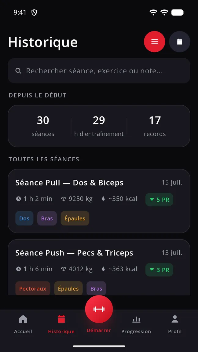 Écran de l'historique des séances