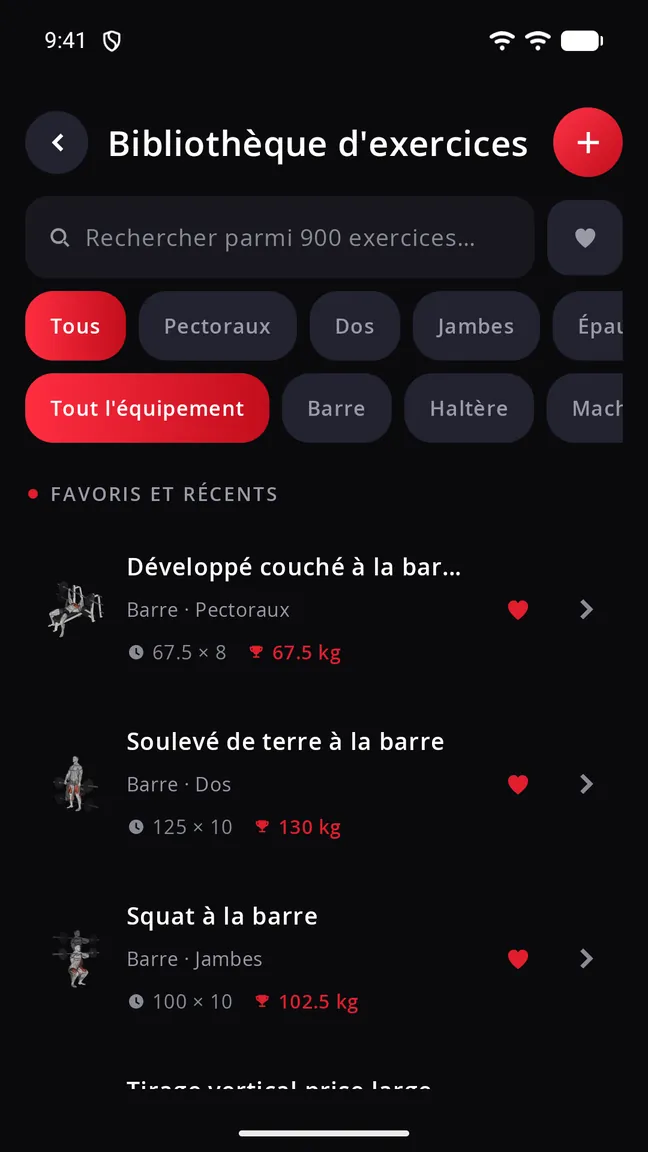 Écran de la bibliothèque d'exercices