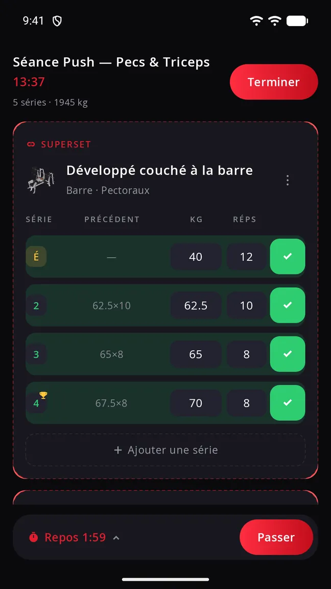 Écran de séance active dans Let's Workout