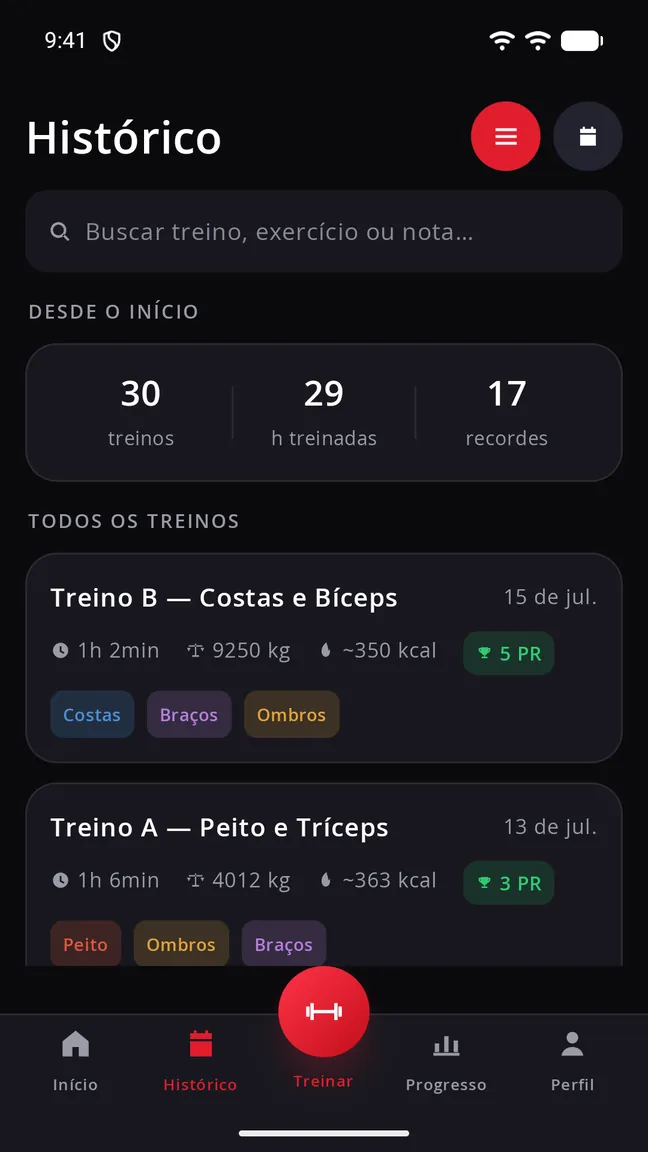 Tela de histórico de treinos