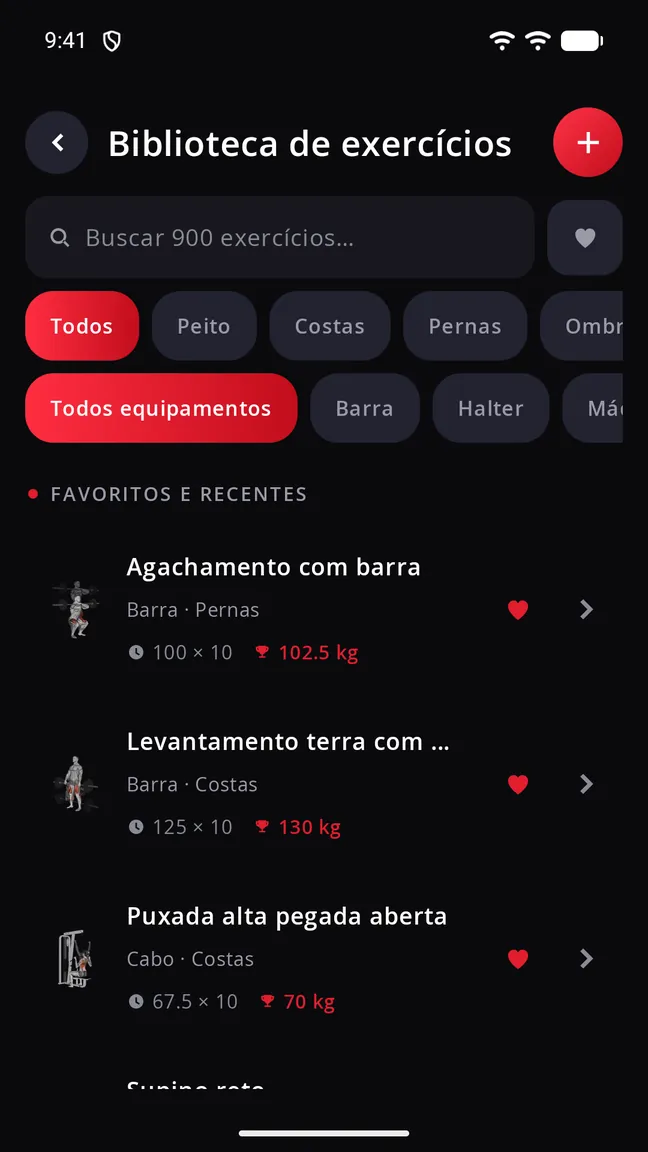 Tela da biblioteca de exercícios