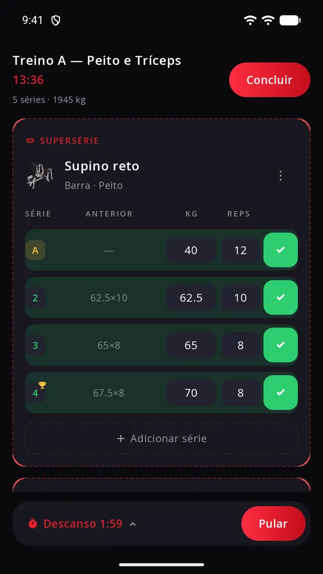 Tela de treino ativo do Bora Treinar